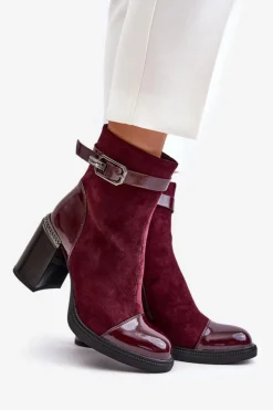 Botki Damskie Ocieplane Na Obcasie Słupku Z Ozdobną Klamrą D&A MR880-085 Bordowe