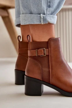 Botki Damskie Ocieplane Na Słupku Z Klamrą Camel Nevillira