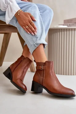 Botki Damskie Ocieplane Na Słupku Z Klamrą Camel Nevillira