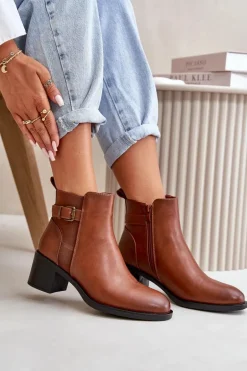 Botki Damskie Ocieplane Na Słupku Z Klamrą Camel Nevillira