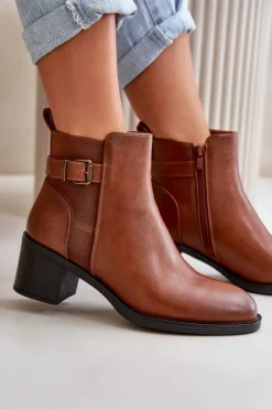 Botki Damskie Ocieplane Na Słupku Z Klamrą Camel Nevillira