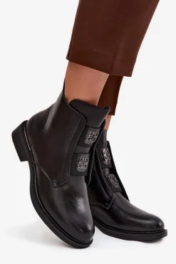 Botki Damskie Ocieplane Na Niskim Obcasie Z Ozdobami Czarne Tavressa