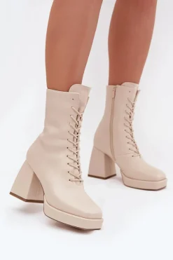 Botki Damskie Ocieplane Na Słupku Ze Sznurowaniem Jasnobeżowe Juvina