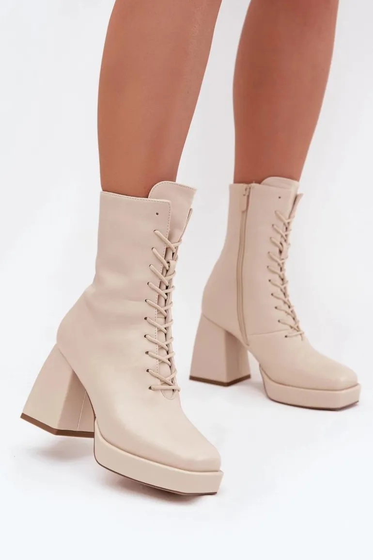 Botki Damskie Ocieplane Na Słupku Ze Sznurowaniem Jasnobeżowe Juvina