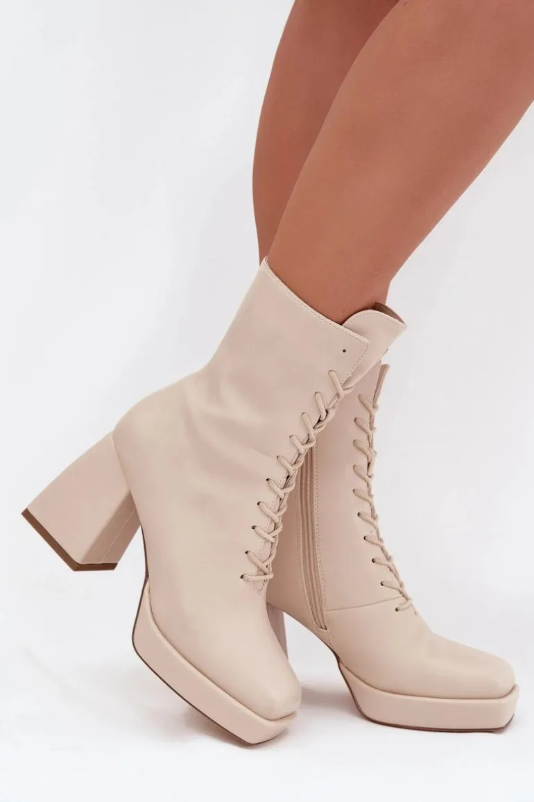 Botki Damskie Ocieplane Na Słupku Ze Sznurowaniem Jasnobeżowe Juvina