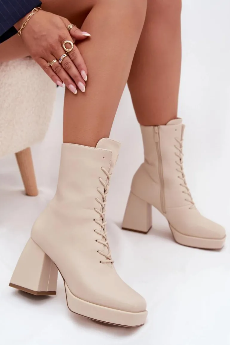 Botki Damskie Ocieplane Na Słupku Ze Sznurowaniem Jasnobeżowe Juvina