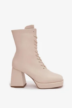 Botki Damskie Ocieplane Na Słupku Ze Sznurowaniem Jasnobeżowe Juvina