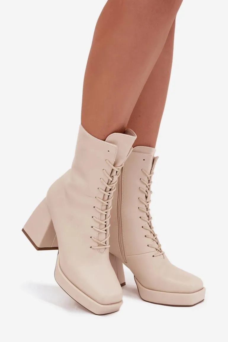 Botki Damskie Ocieplane Na Słupku Ze Sznurowaniem Jasnobeżowe Juvina