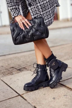 Botki Damskie Ocieplane Na Platformie z Nerką Czarne Tension