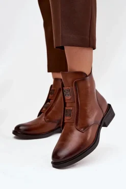 Botki Damskie Ocieplane Na Niskim Obcasie Z Ozdobami Brązowe Tavressa