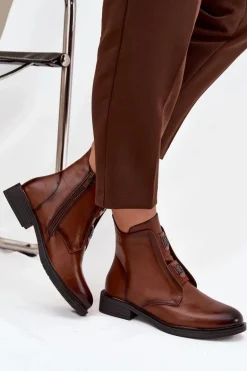 Botki Damskie Ocieplane Na Niskim Obcasie Z Ozdobami Brązowe Tavressa