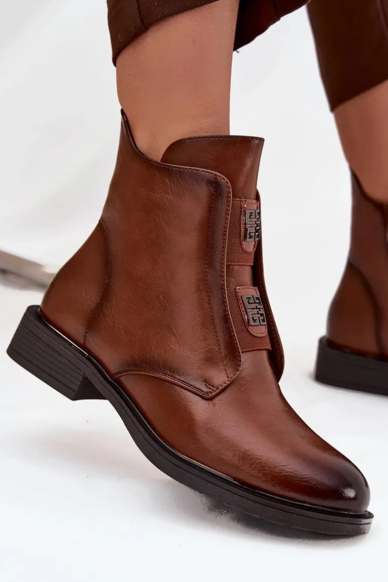 Botki Damskie Ocieplane Na Niskim Obcasie Z Ozdobami Brązowe Tavressa