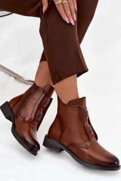 Botki Damskie Ocieplane Na Niskim Obcasie Z Ozdobami Brązowe Tavressa