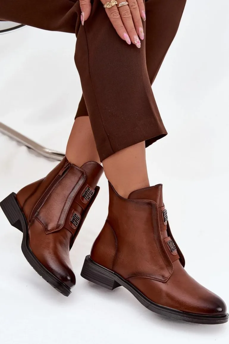 Botki Damskie Ocieplane Na Niskim Obcasie Z Ozdobami Brązowe Tavressa