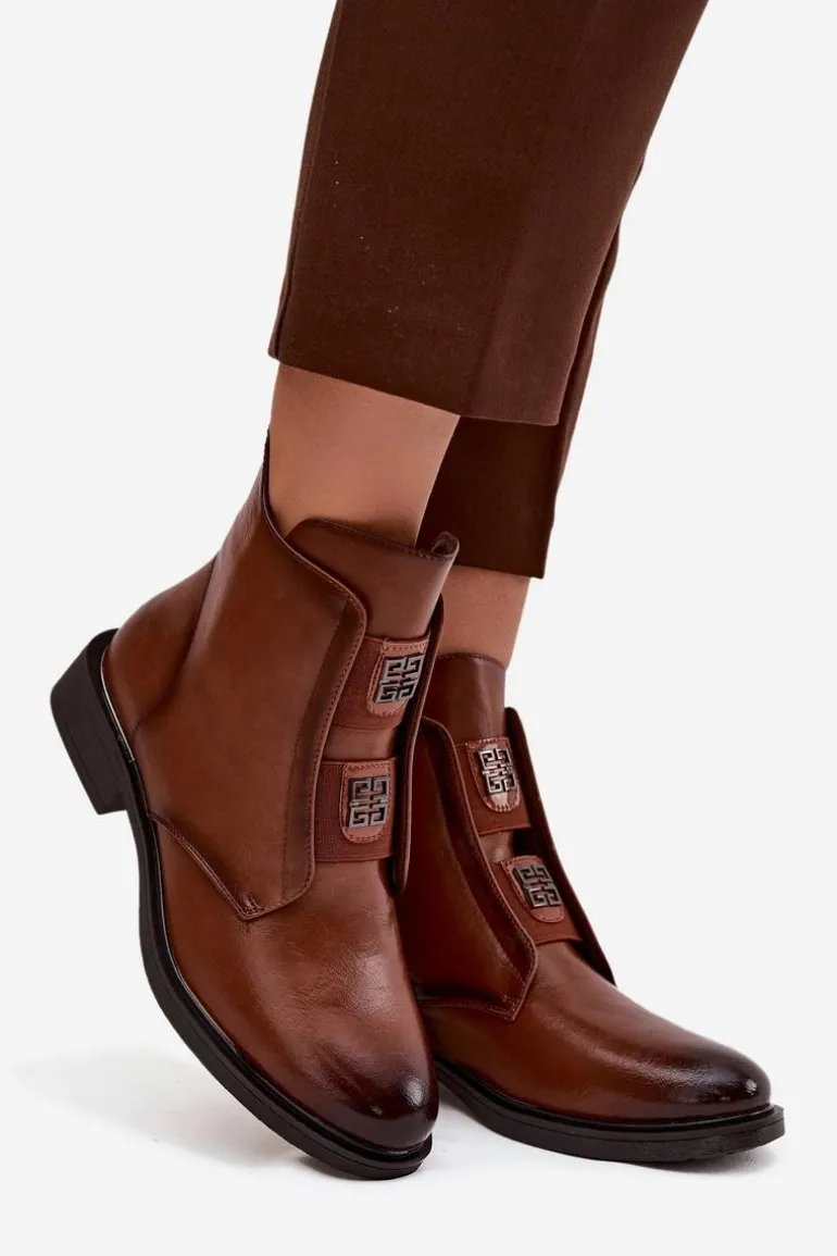 Botki Damskie Ocieplane Na Niskim Obcasie Z Ozdobami Brązowe Tavressa