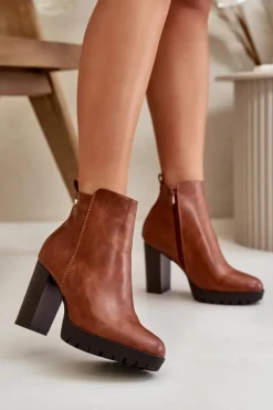 Botki Damskie Ocieplane Na Wysokim Słupku Zapinane Na Zamek Camel Bioria