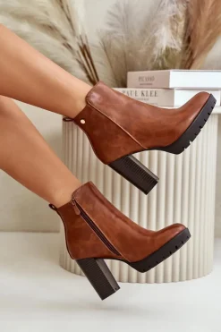 Botki Damskie Ocieplane Na Wysokim Słupku Zapinane Na Zamek Camel Bioria