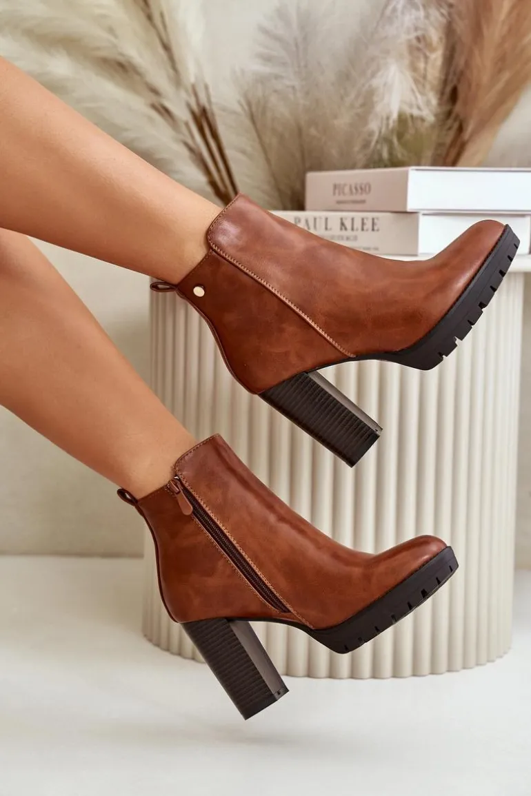 Botki Damskie Ocieplane Na Wysokim Słupku Zapinane Na Zamek Camel Bioria