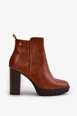 Botki Damskie Ocieplane Na Wysokim Słupku Zapinane Na Zamek Camel Bioria