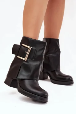 Botki Damskie Ocieplane Na Słupku Ze Złotą Klamrą Czarne Milira