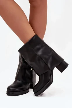 Botki Damskie Ocieplane Na Słupku Ze Złotą Klamrą Czarne Milira