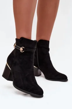 Botki Damskie Ocieplane Na Słupku Z Ozdobnym Paskiem Czarne Galissa