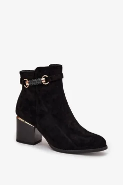 Botki Damskie Ocieplane Na Słupku Z Ozdobnym Paskiem Czarne Galissa