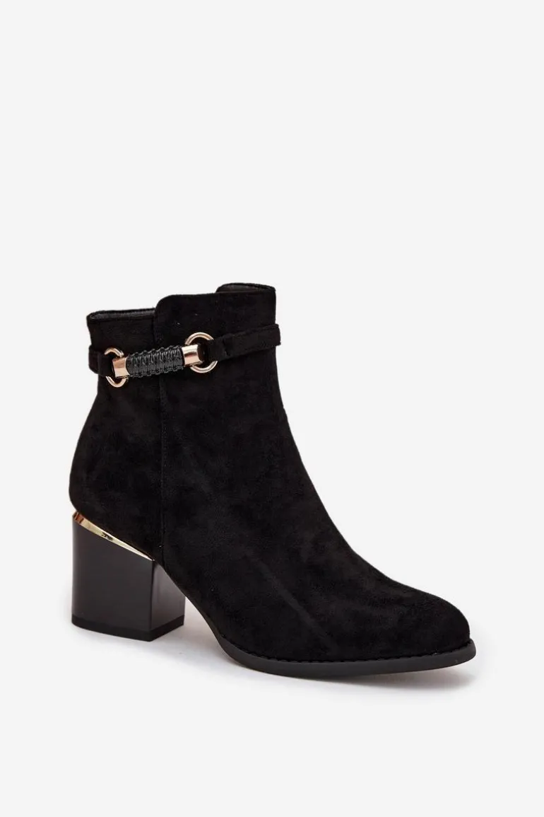 Botki Damskie Ocieplane Na Słupku Z Ozdobnym Paskiem Czarne Galissa