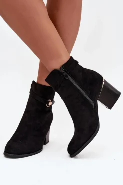 Botki Damskie Ocieplane Na Słupku Z Ozdobnym Paskiem Czarne Galissa