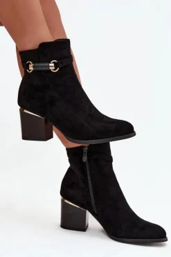 Botki Damskie Ocieplane Na Słupku Z Ozdobnym Paskiem Czarne Galissa