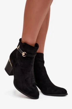 Botki Damskie Ocieplane Na Słupku Z Ozdobnym Paskiem Czarne Galissa