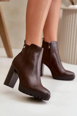 Botki Damskie Ocieplane Na Wysokim Słupku Zapinane Na Zamek Ciemnobrązowe Bioria