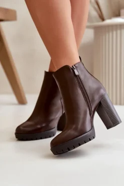 Botki Damskie Ocieplane Na Wysokim Słupku Zapinane Na Zamek Ciemnobrązowe Bioria