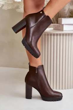 Botki Damskie Ocieplane Na Wysokim Słupku Zapinane Na Zamek Ciemnobrązowe Bioria