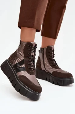 Botki Damskie Ocieplane Na Platformie Vinceza 58562 Brązowe