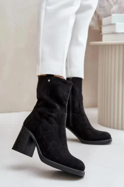 Botki Damskie Ocieplane Na Obcasie Słupku Eko Zamszowe Czarne Vellinga