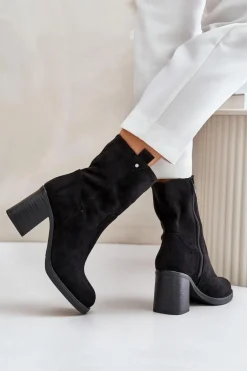 Botki Damskie Ocieplane Na Obcasie Słupku Eko Zamszowe Czarne Vellinga