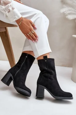 Botki Damskie Ocieplane Na Obcasie Słupku Eko Zamszowe Czarne Vellinga