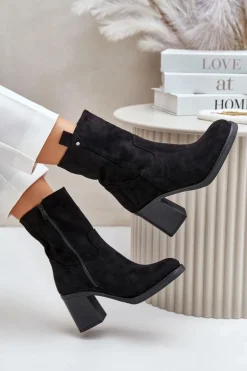 Botki Damskie Ocieplane Na Obcasie Słupku Eko Zamszowe Czarne Vellinga