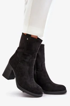 Botki Damskie Ocieplane Na Obcasie Słupku Eko Zamszowe Czarne Vellinga