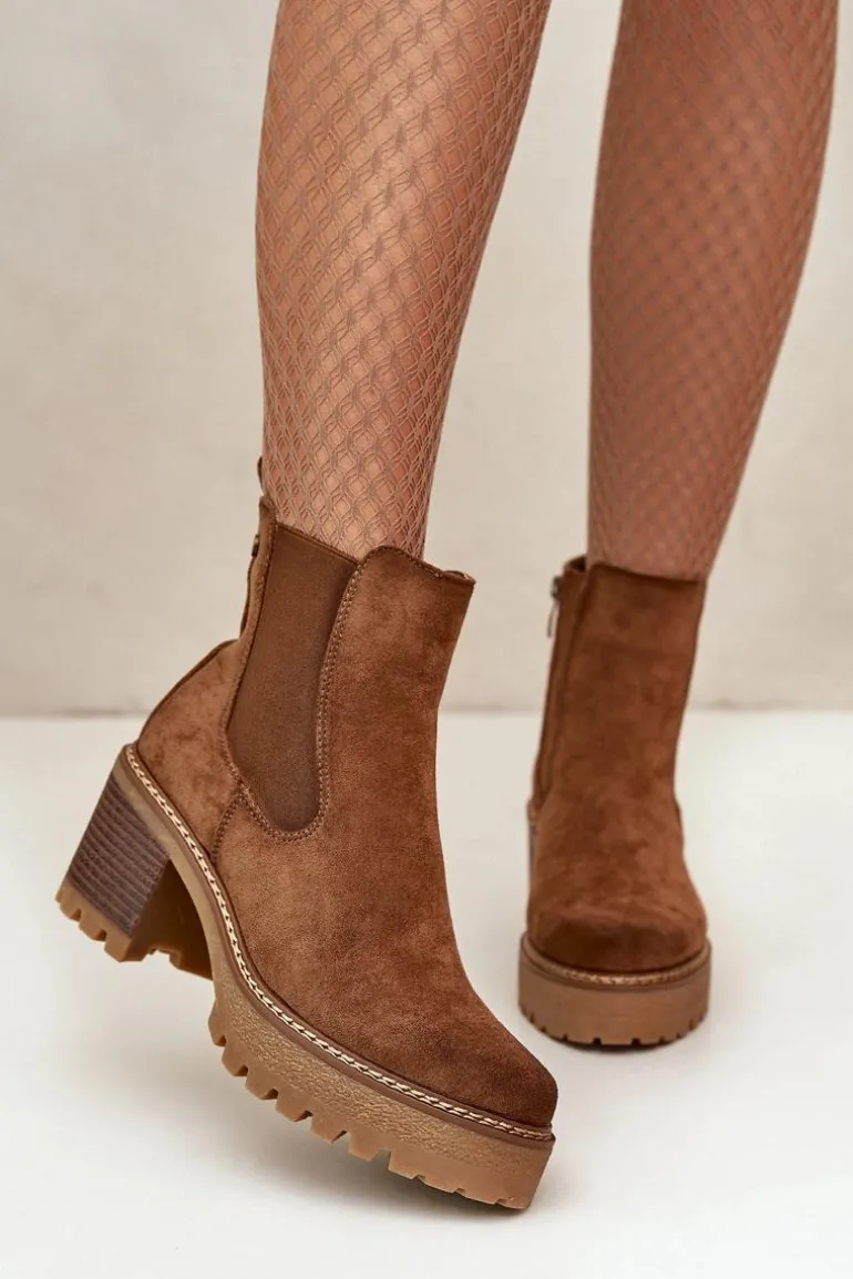 Botki Damskie Ocieplane Na Słupku Eko Zamszowe Brązowe Irissinae