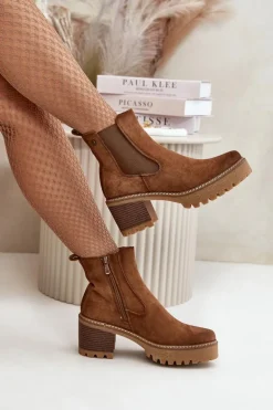 Botki Damskie Ocieplane Na Słupku Eko Zamszowe Brązowe Irissinae