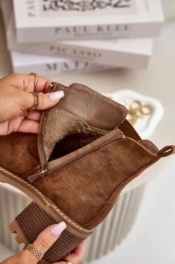 Botki Damskie Ocieplane Na Słupku Eko Zamszowe Brązowe Irissinae