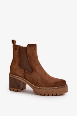 Botki Damskie Ocieplane Na Słupku Eko Zamszowe Brązowe Irissinae