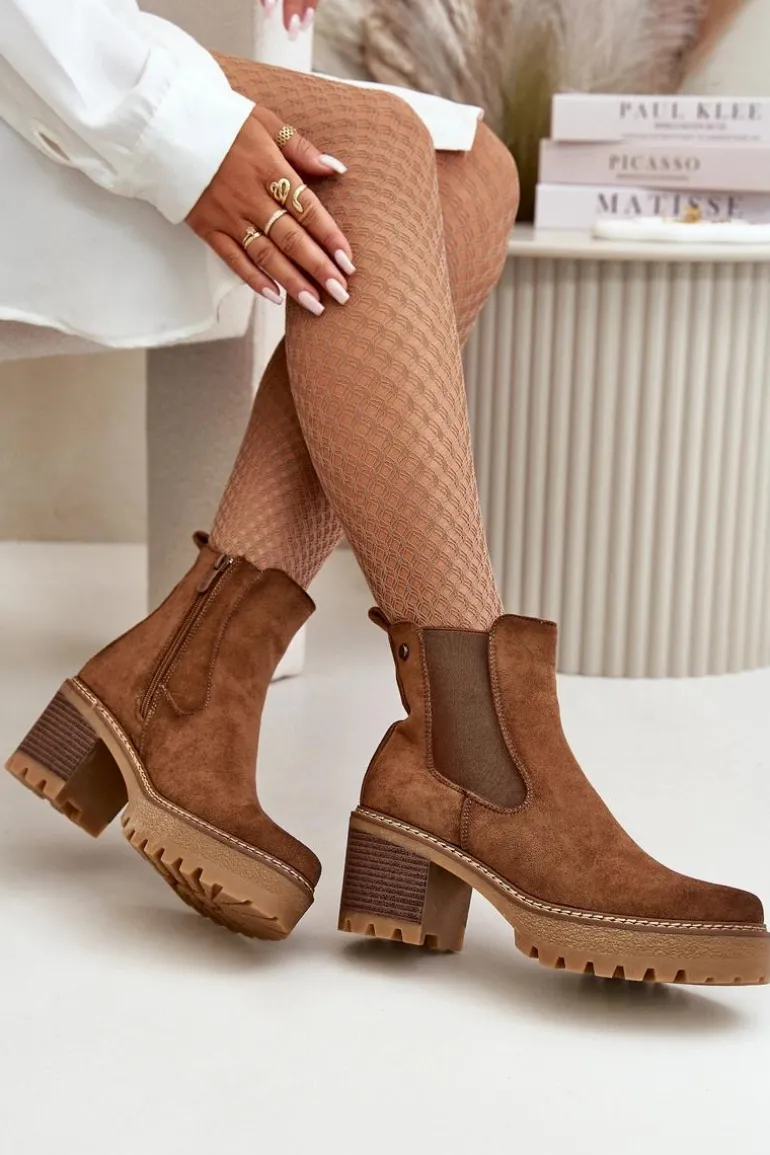 Botki Damskie Ocieplane Na Słupku Eko Zamszowe Brązowe Irissinae