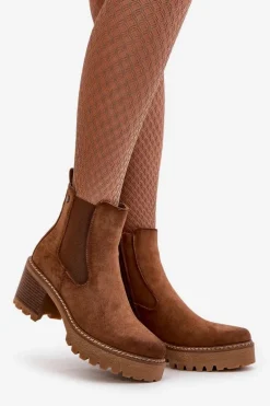 Botki Damskie Ocieplane Na Słupku Eko Zamszowe Brązowe Irissinae