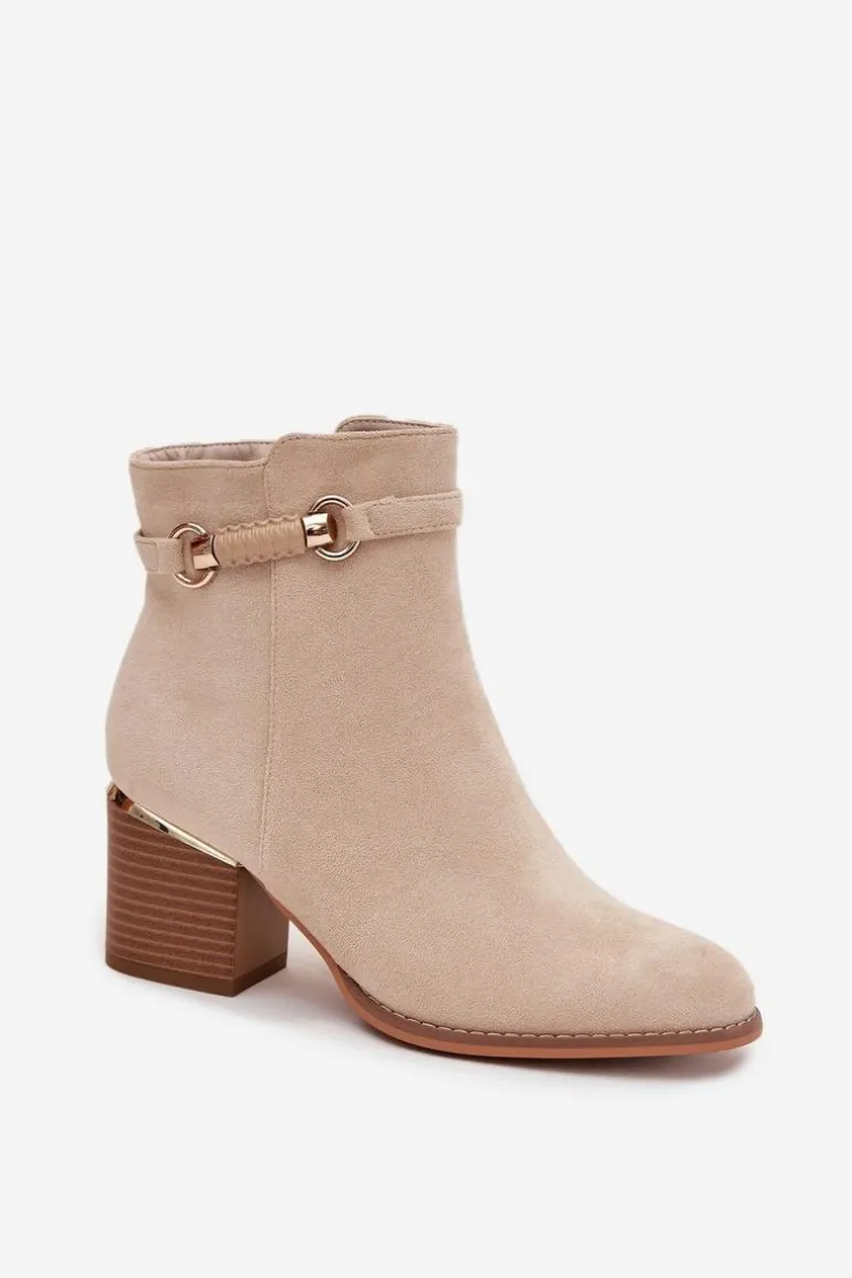 Botki Damskie Ocieplane Na Słupku Z Ozdobnym Paskiem Beżowe Galissa