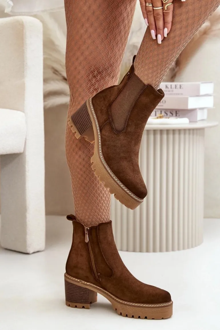 Botki Damskie Ocieplane Na Słupku Eko Zamszowe Brązowe Irissinae