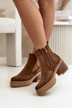 Botki Damskie Ocieplane Na Słupku Eko Zamszowe Brązowe Irissinae