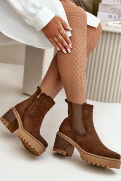 Botki Damskie Ocieplane Na Słupku Eko Zamszowe Brązowe Irissinae